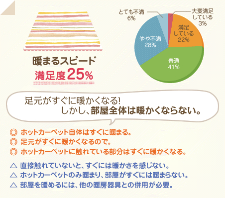 満足度25％　足元がすぐに暖かくなる！しかし、部屋全体は暖かくならない。