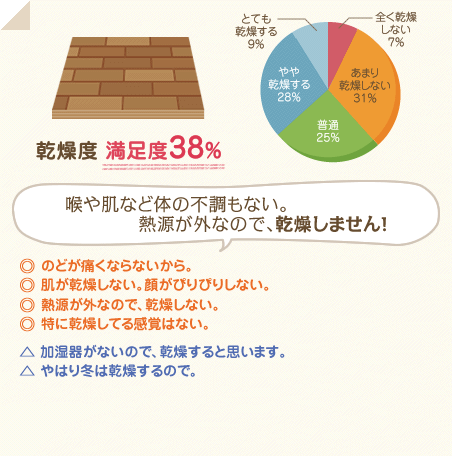 満足度38％　喉や肌など体の不調もない。熱源が外なので、乾燥しません！