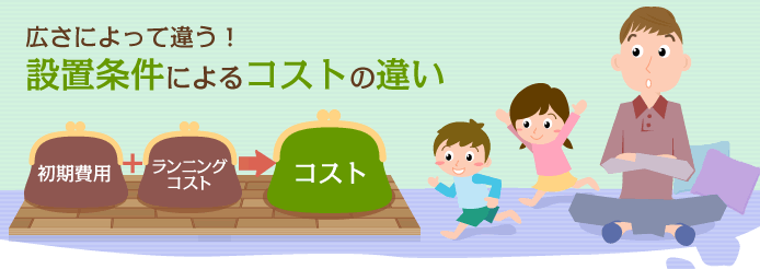 広さによって違う！
設置条件によるコストの違い 初期費用+ランニングコスト=コスト