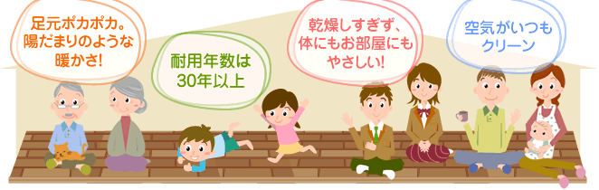 足元ポカポカ。陽だまりのような暖かさ！耐用年数は30年以上 乾燥しすぎず、体にもお部屋にもやさしい！空気がいつもクリーン