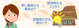 狭い範囲なら電気式？短時間ならこっち？設置面だけは暖かい？